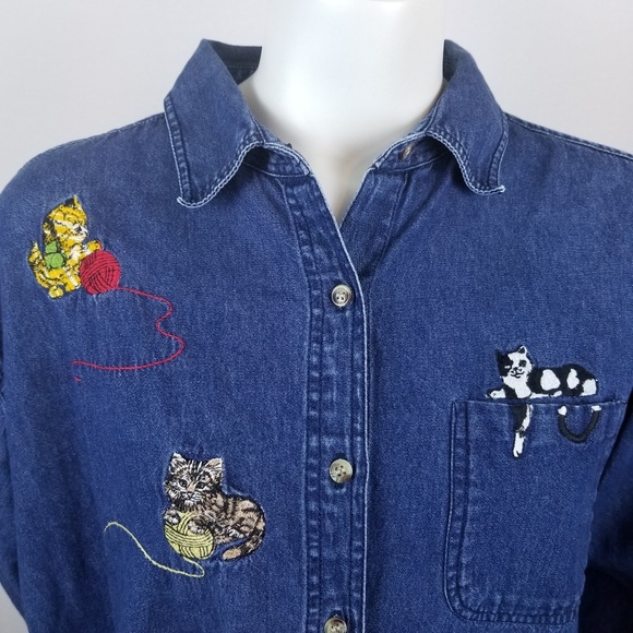Cabin Creek Tops - Cabin Creek Denim Shirt Chambray L Blue Kitten Cat